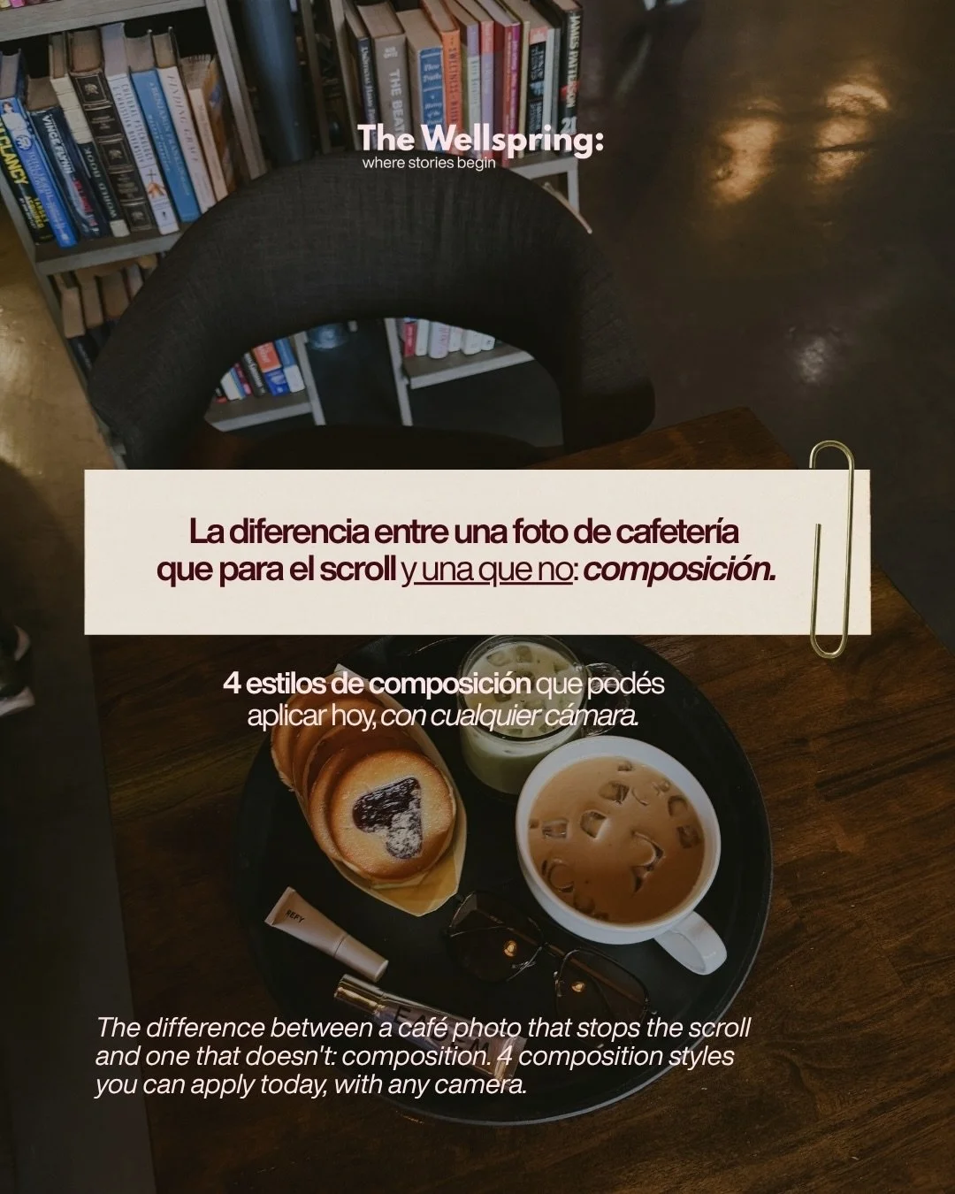 Si tus fotos de cafeter&iacute;a no est&aacute;n funcionando en redes, probablemente no es la c&aacute;mara ni la luz. 
Es la composici&oacute;n. 

Estos 4 estilos funcionan con c&aacute;mara, celular, o el dispositivo que tengas! 

Guardalo y usalo 