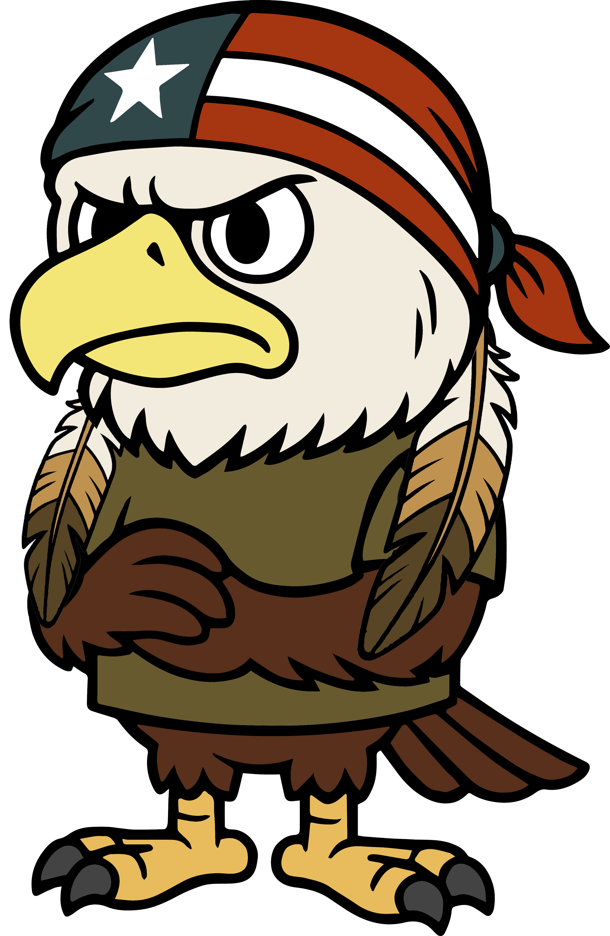 Cartoon eagle wearing a bandana with an American flag design, with arms crossed and an angry expression.