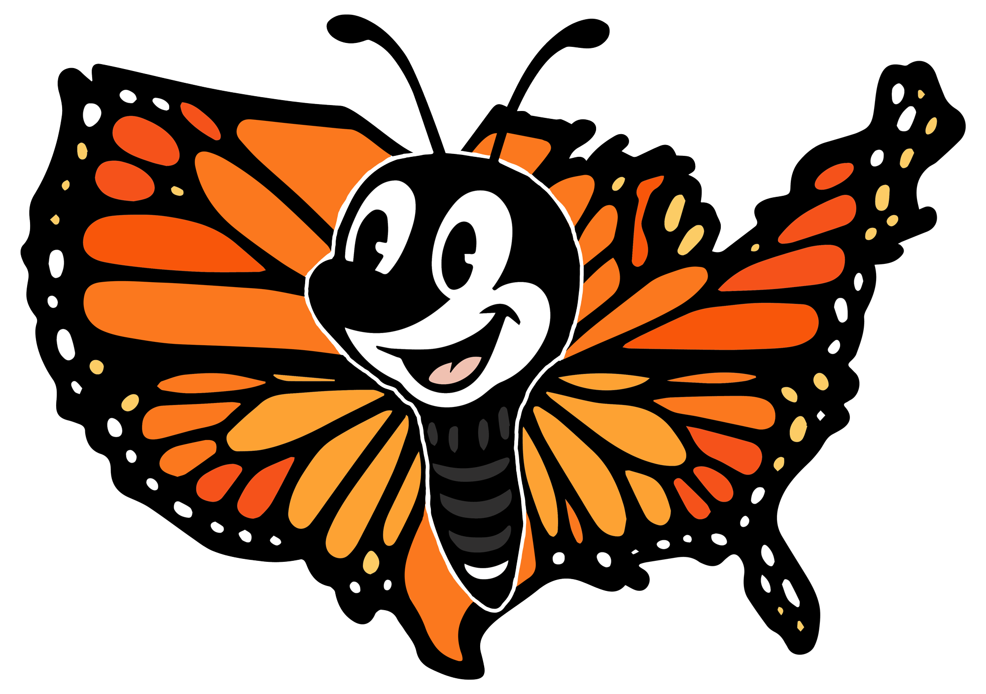 Cartoon butterfly with a smiling face and large eyes, orange and black wings.