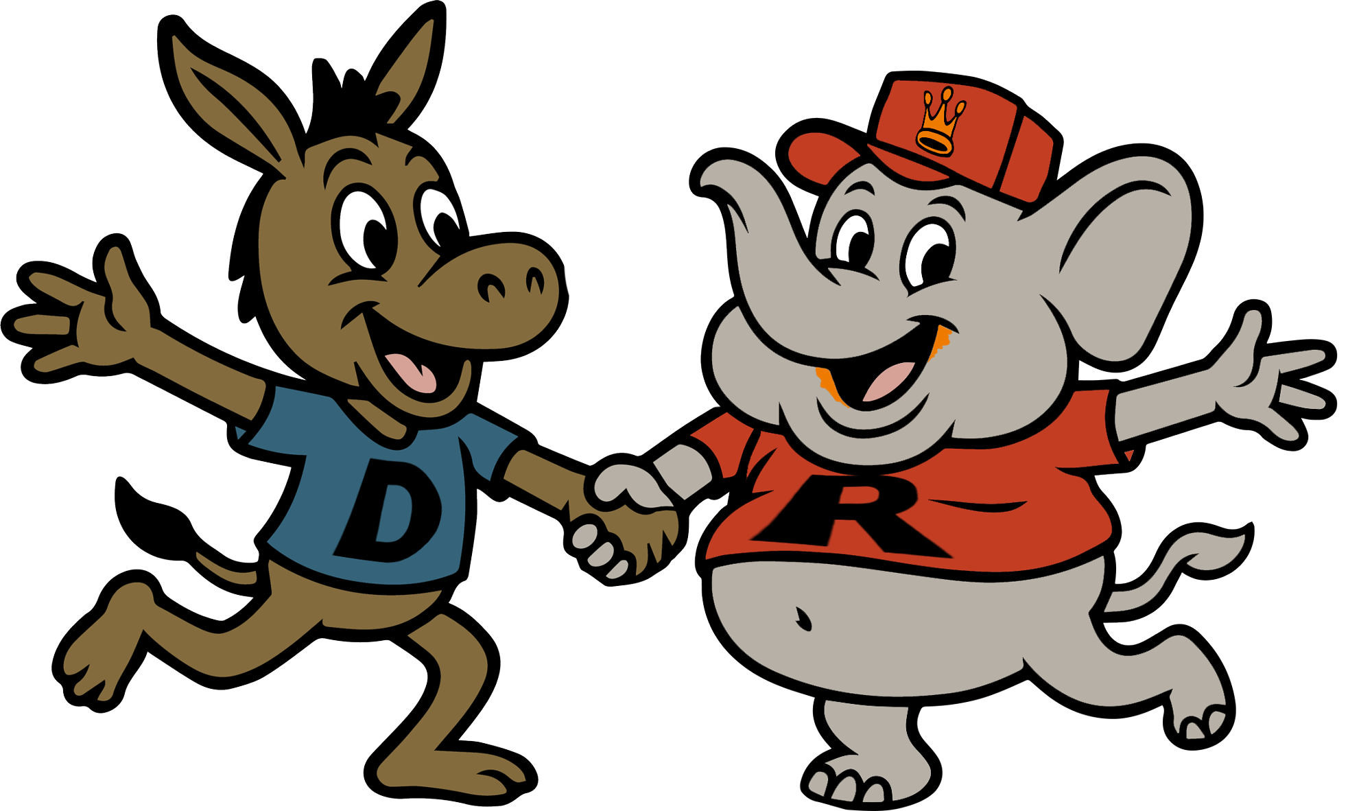 A cartoon donkey and elephant holding hands, smiling, and wearing shirts with 'D' and 'R' on them, representing the Democratic and Republican parties.