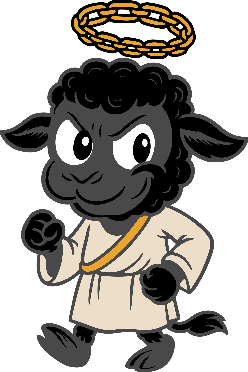 A cartoon sheep dressed as an angel with a halo, wearing a beige robe and making a fist with a happy expression.