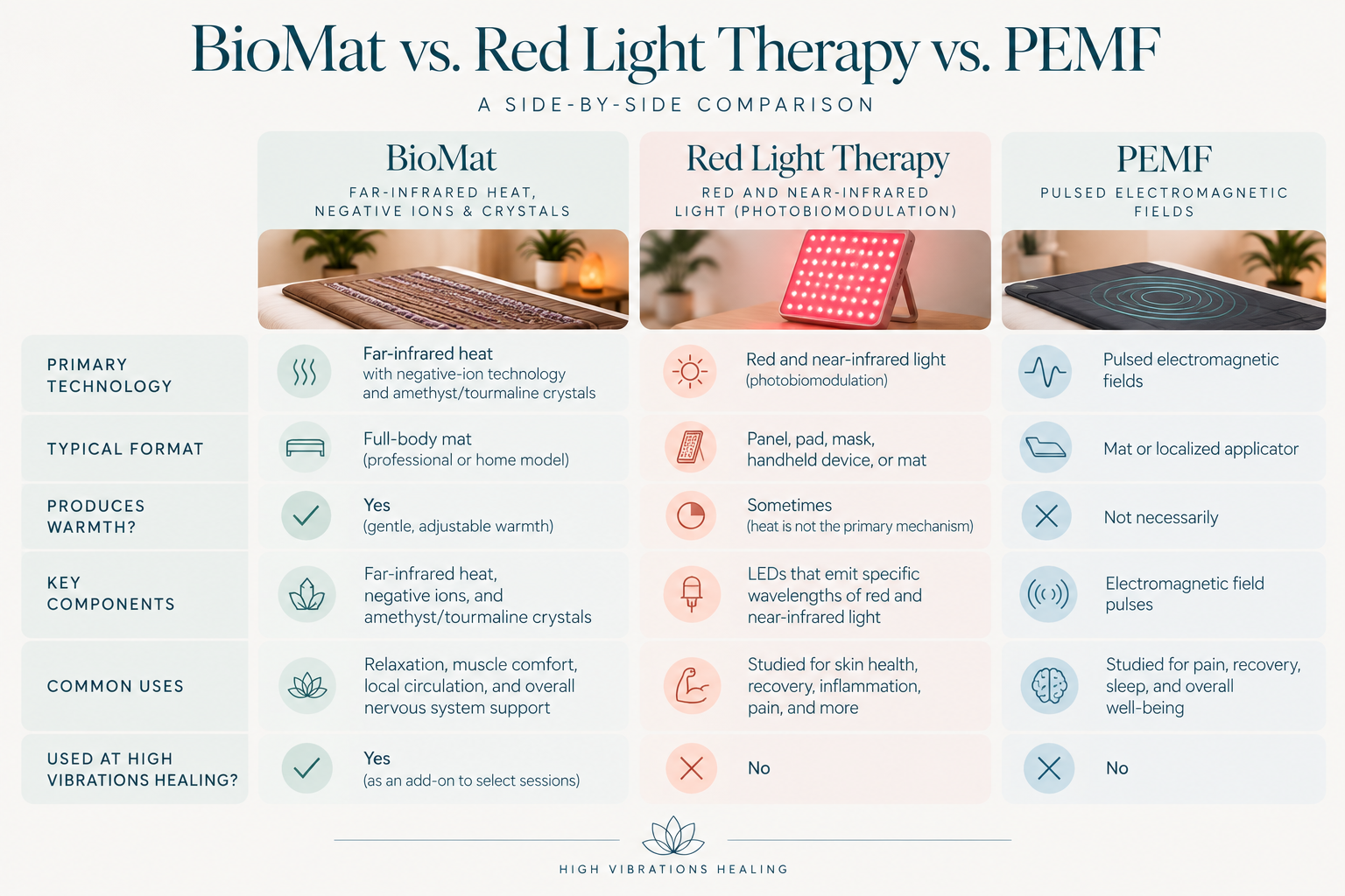 chart comparing biomat vs red light therapy vs pemf therapy
