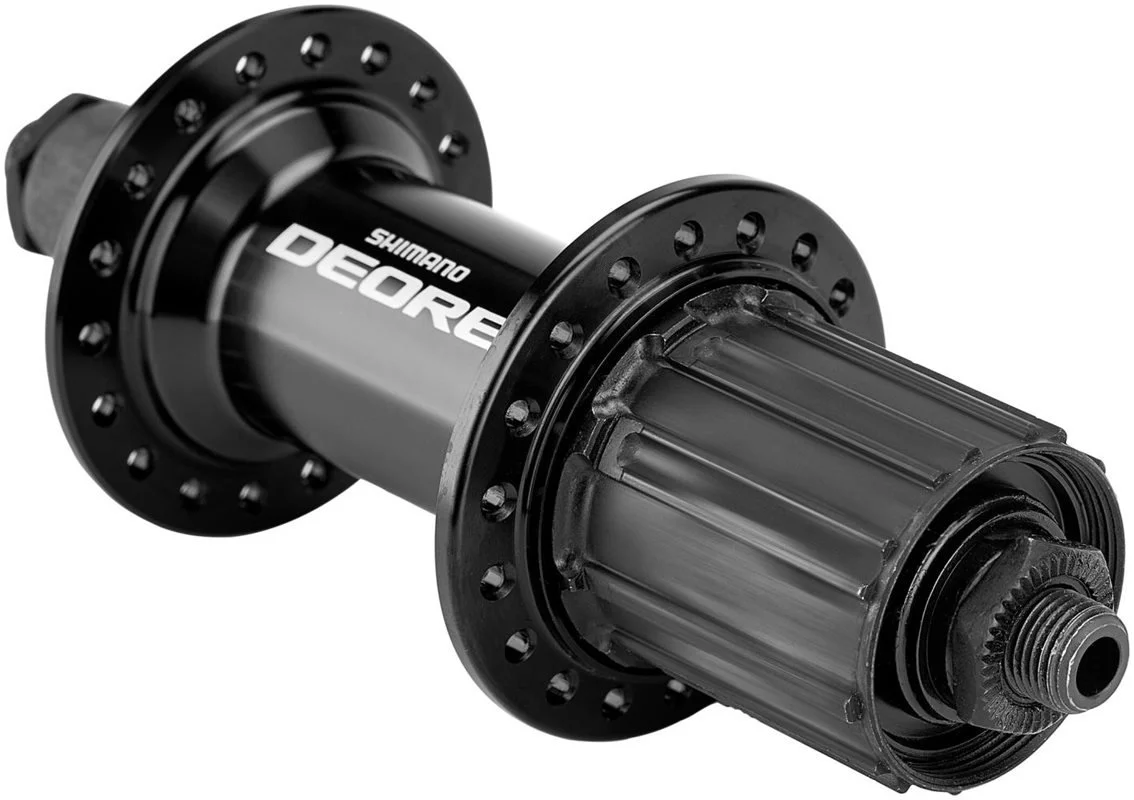 Black Shimano Deore bicycle rear hub with flanged ends and a quick-release axle.