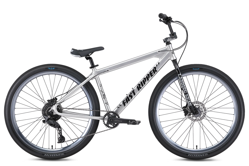 Silver mountain bike with front suspension, black seat, black handlebar grips, and black tires with silver spokes, branded 'Fast Ripper'.