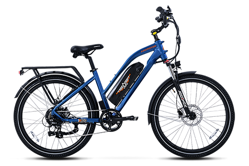 Blue electric bicycle with a battery pack mounted on the frame and front suspension