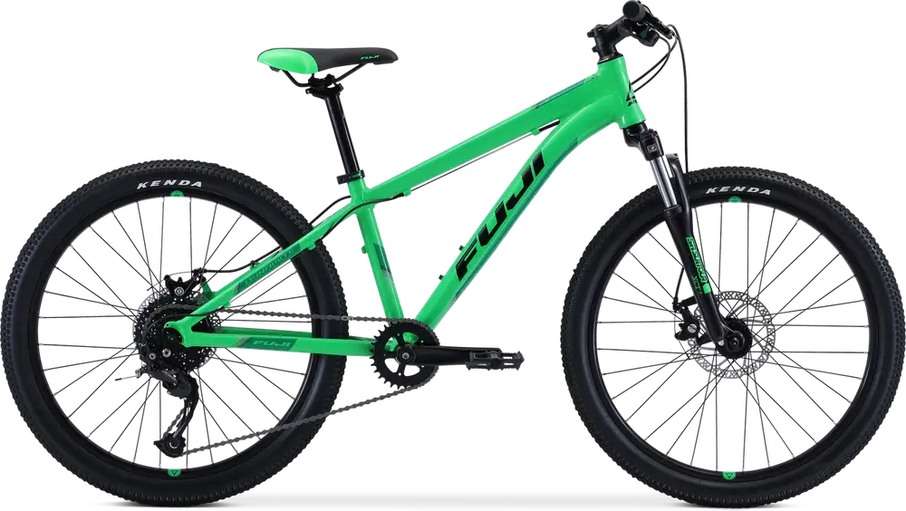 Green Pedal Mountain Bicycle with suspension fork and knobby tires.