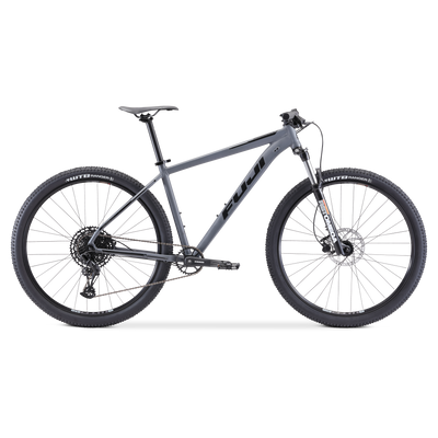 A silver and black mountain bike with disc brakes and front suspension.