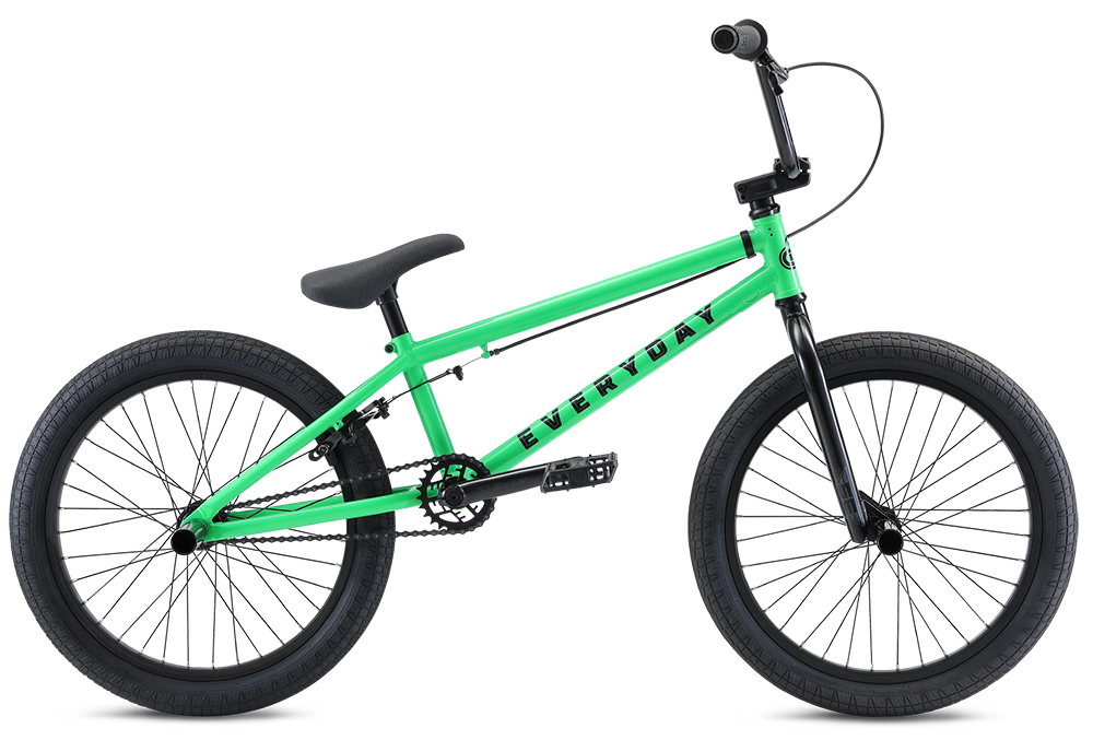 Green children's bicycle with black tires, seat, and handlebars, labeled 'EVERYDAY' on the frame.
