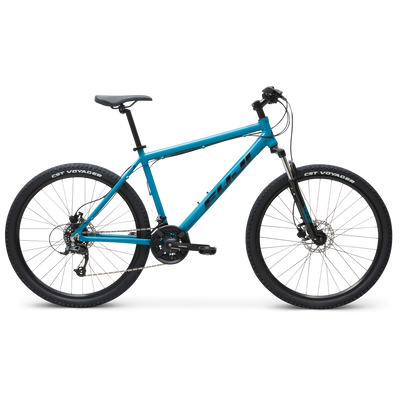 Blue mountain bike with black tires and a suspension fork