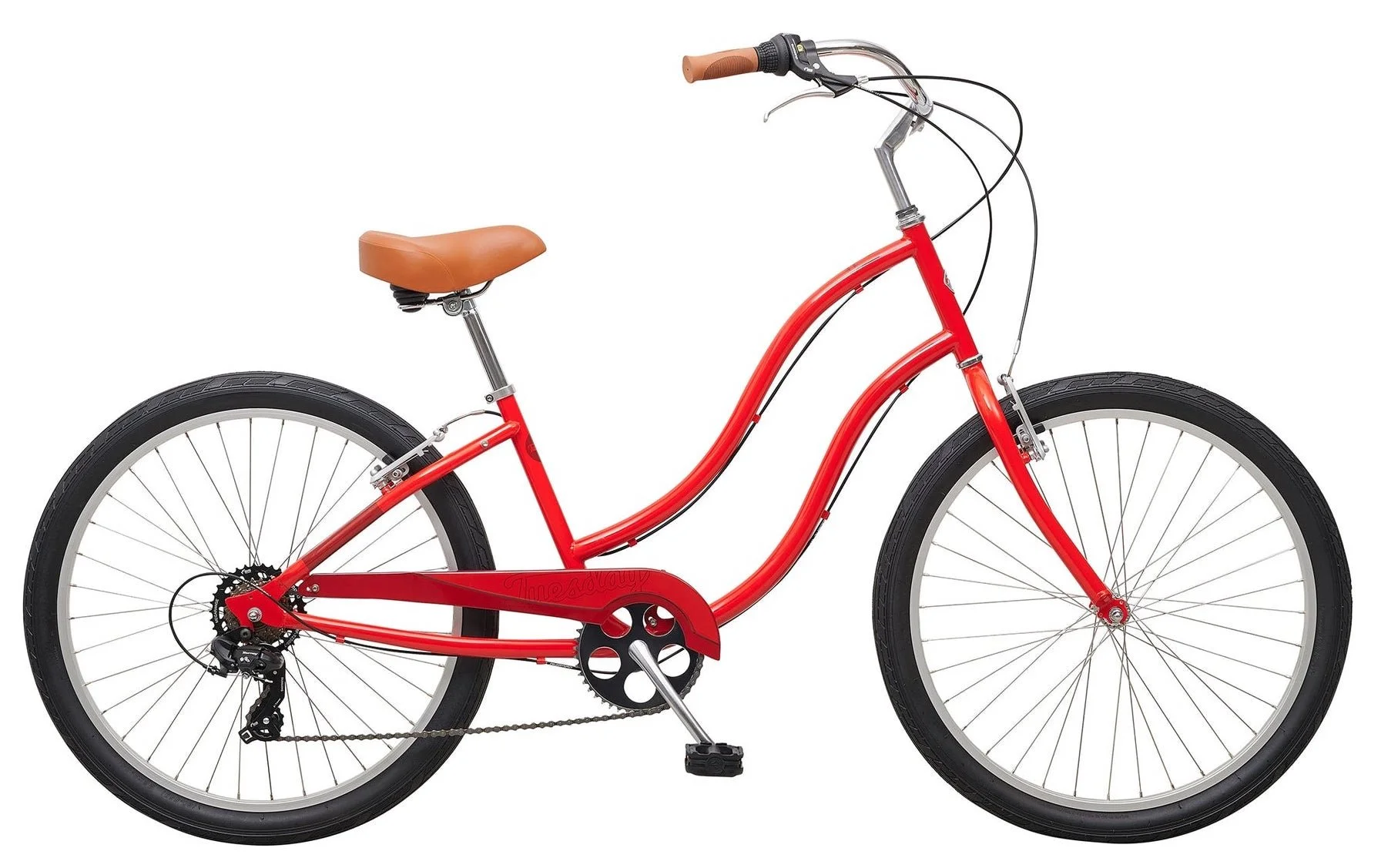 Red vintage-style bicycle with tan saddle and brown grips on handlebars, set against a white background.