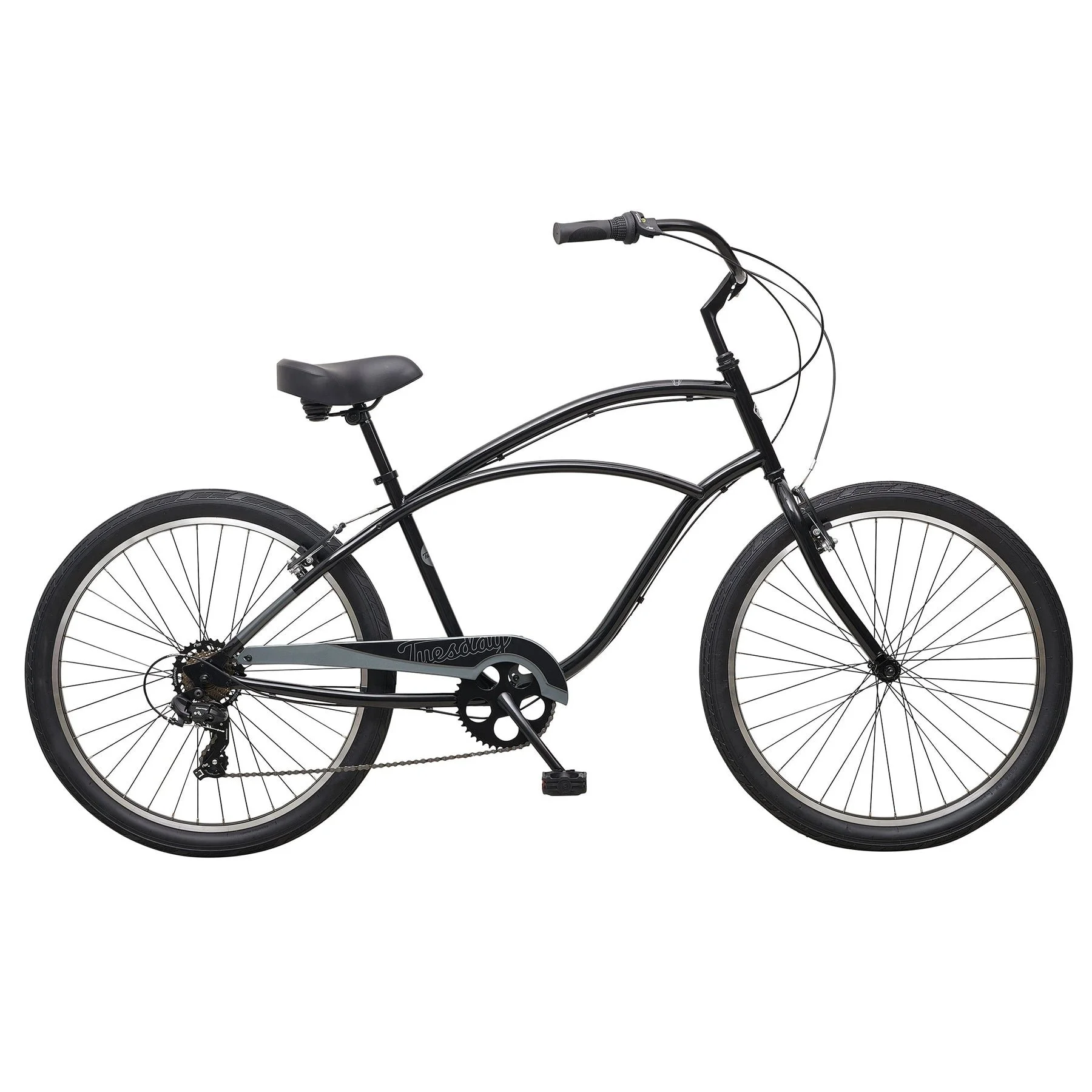 A black cruiser-style bicycle with a step-through frame, black tires, a black seat, and black handlebars, set against a white background.