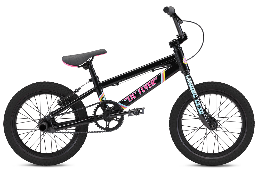 Black and pink children's bicycle with a padded seat, chain guard, and training wheels.