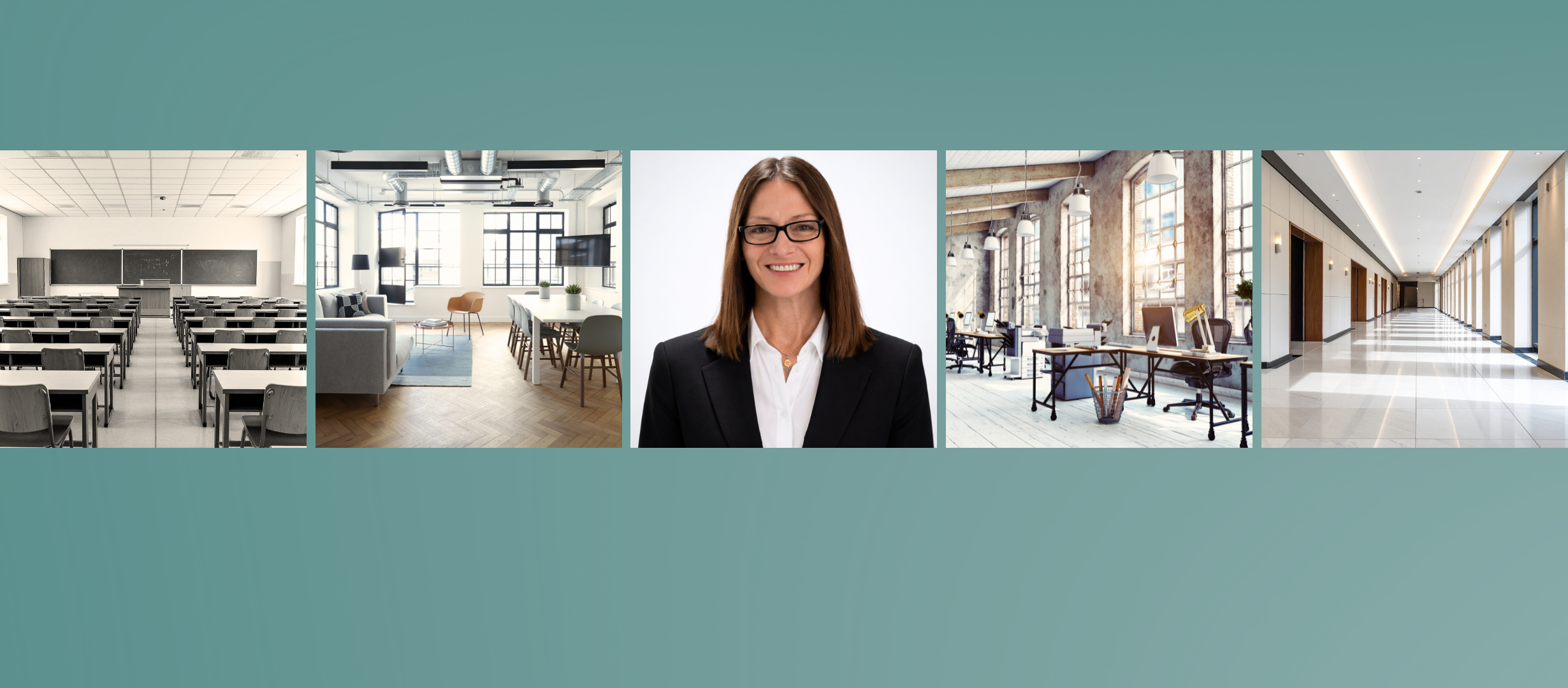 A collage of images showing various office environments including a classroom, a modern lounge, a woman with glasses smiling in a business suit, an open office space with large windows, and a corporate hallway.