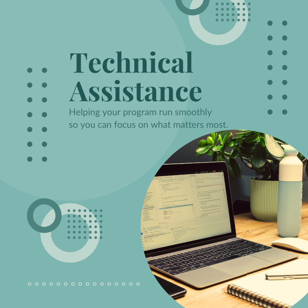 Laptop and notebook on a desk representing technical assistance and program support.