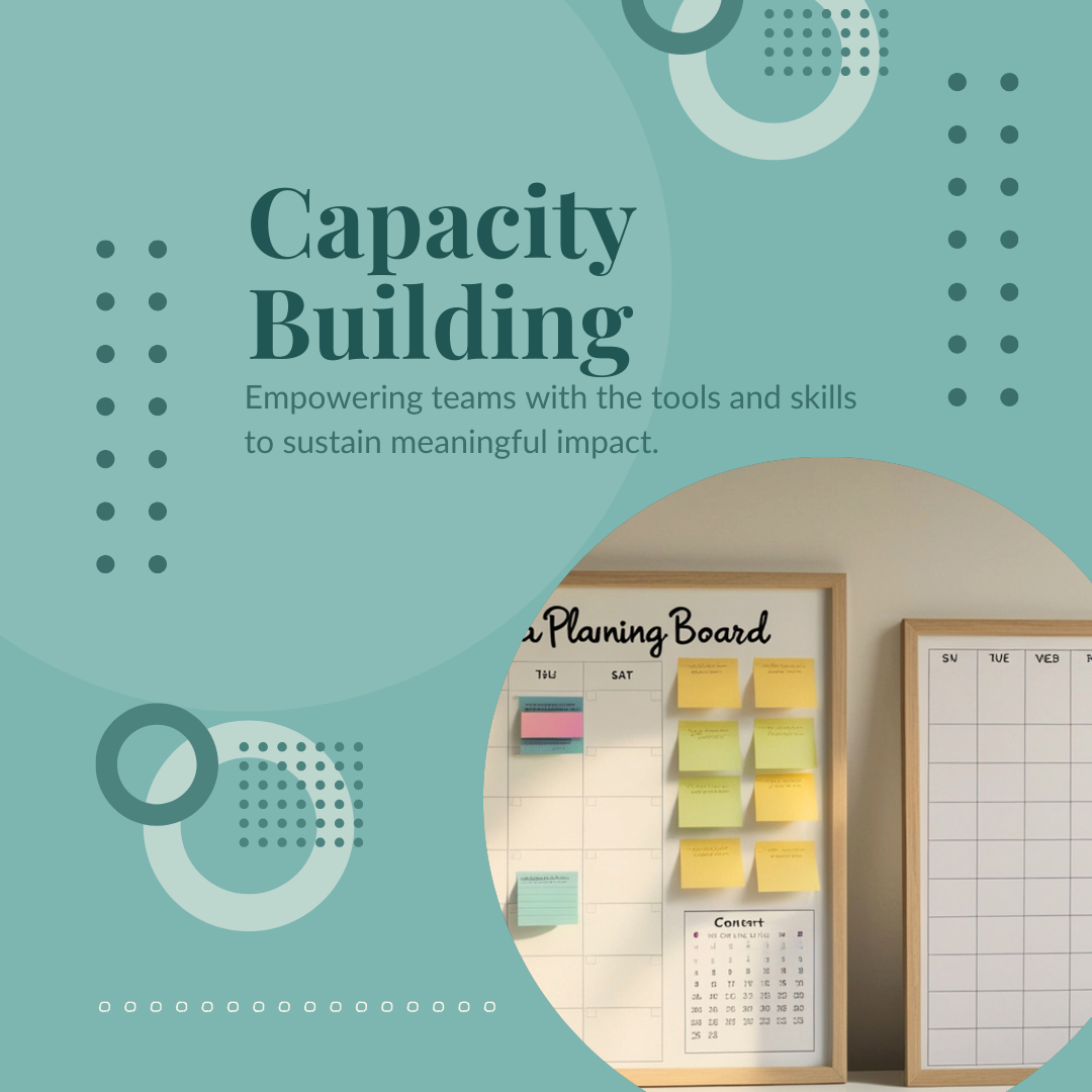 Planning board with sticky notes representing capacity building and systems improvement.