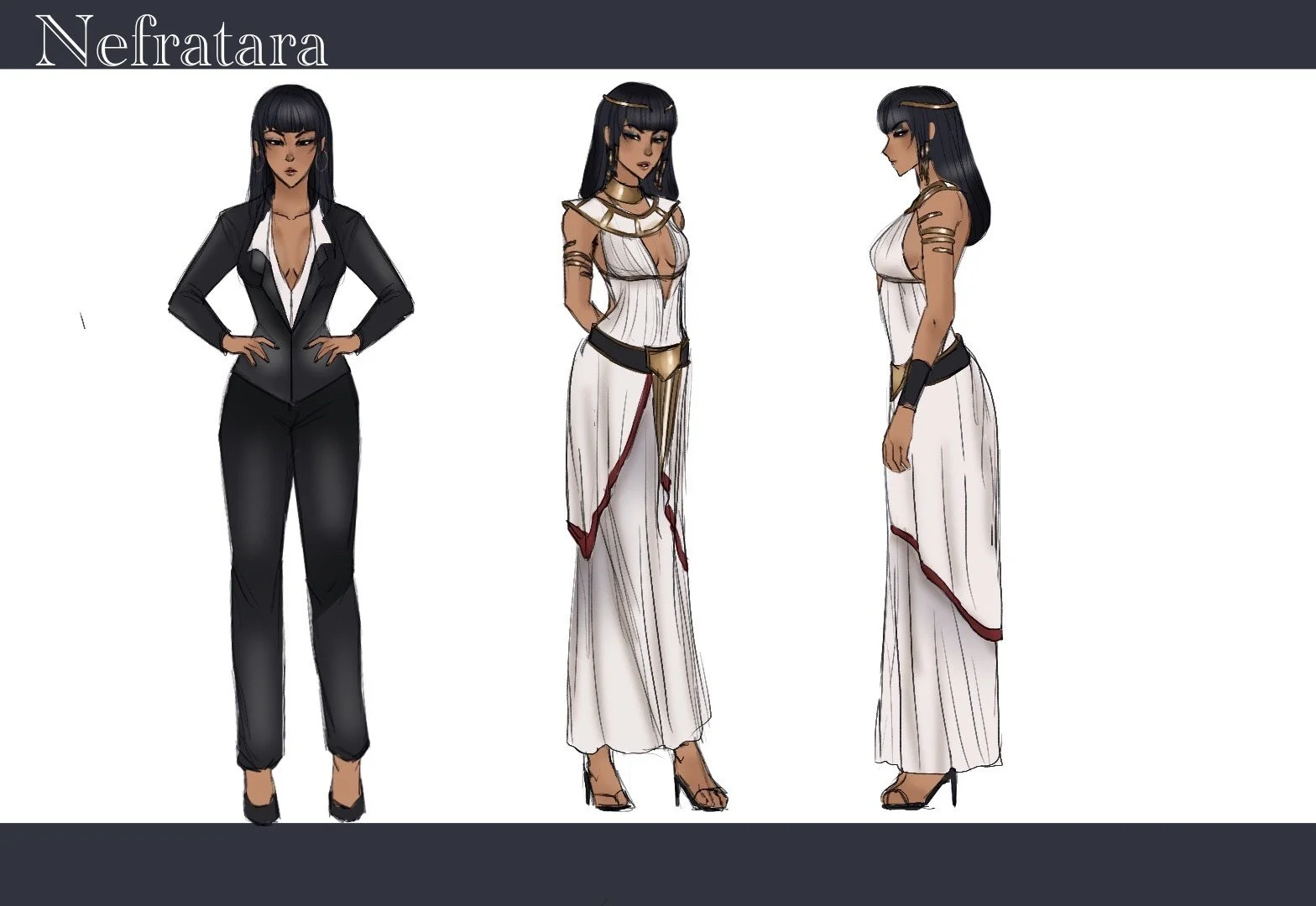 Digital character design sheet with three illustrations of a dark-haired woman named Nefratara, showing her in different outfits: a black formal suit, an Egyptian-inspired costume, and a white flowing dress, all with various accessories.