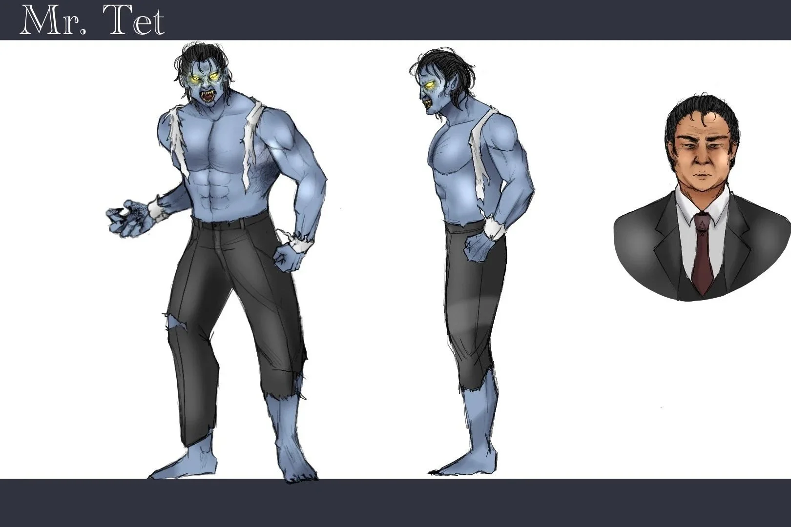 Character design sketches of Mr. Tet, a blue-skinned humanoid with yellow glowing eyes, sharp teeth, messy black hair, torn black pants, and a tattered white shirt; includes front, side, and a portrait view.