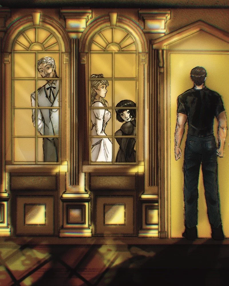 Artwork of a man standing outside a yellow wall with three arched windows containing women, with warm lighting and detailed architectural elements.