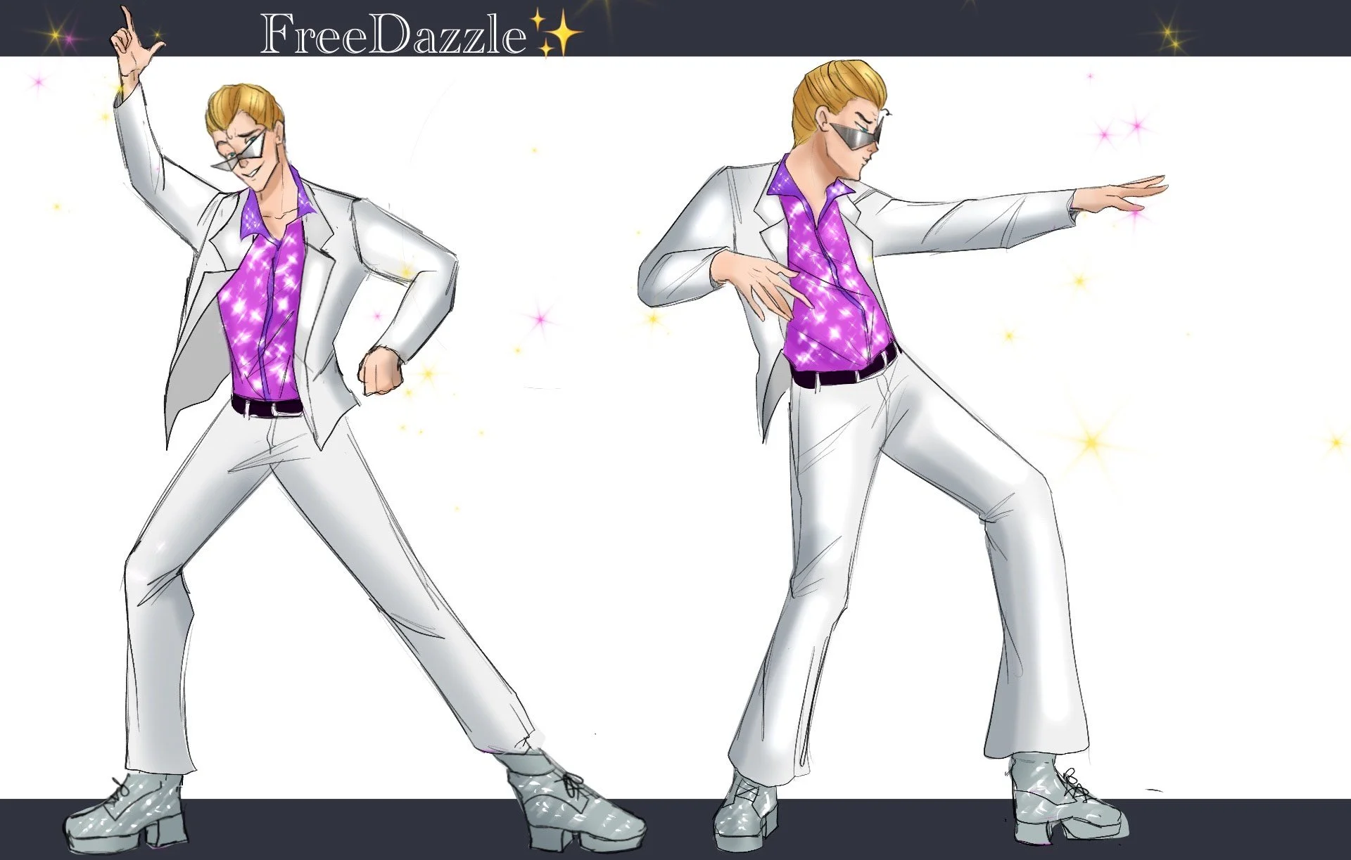 Illustration of two men dancing, wearing white suits, purple shirts, black sunglasses, and ice skate shoes, with a glittery background and the text 'FreeDazzle' at the top.