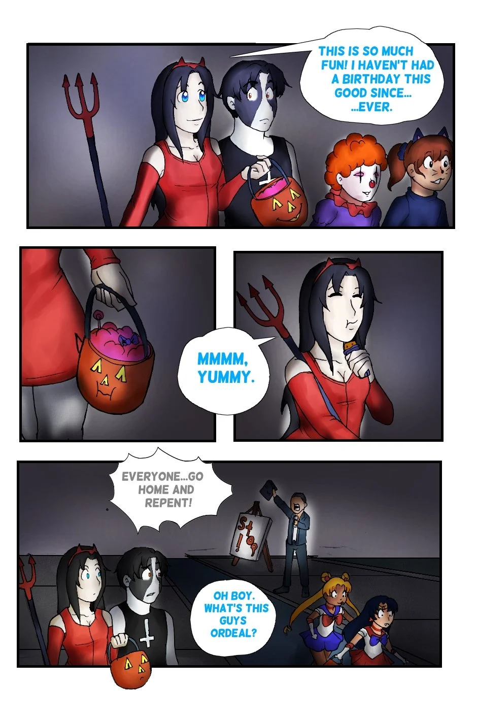 A group of people dressed in costumes celebrating Halloween, with one holding a pumpkin-shaped bucket filled with candy, another in a devil costume, and others dressed as anime characters, enjoying the night outdoors.