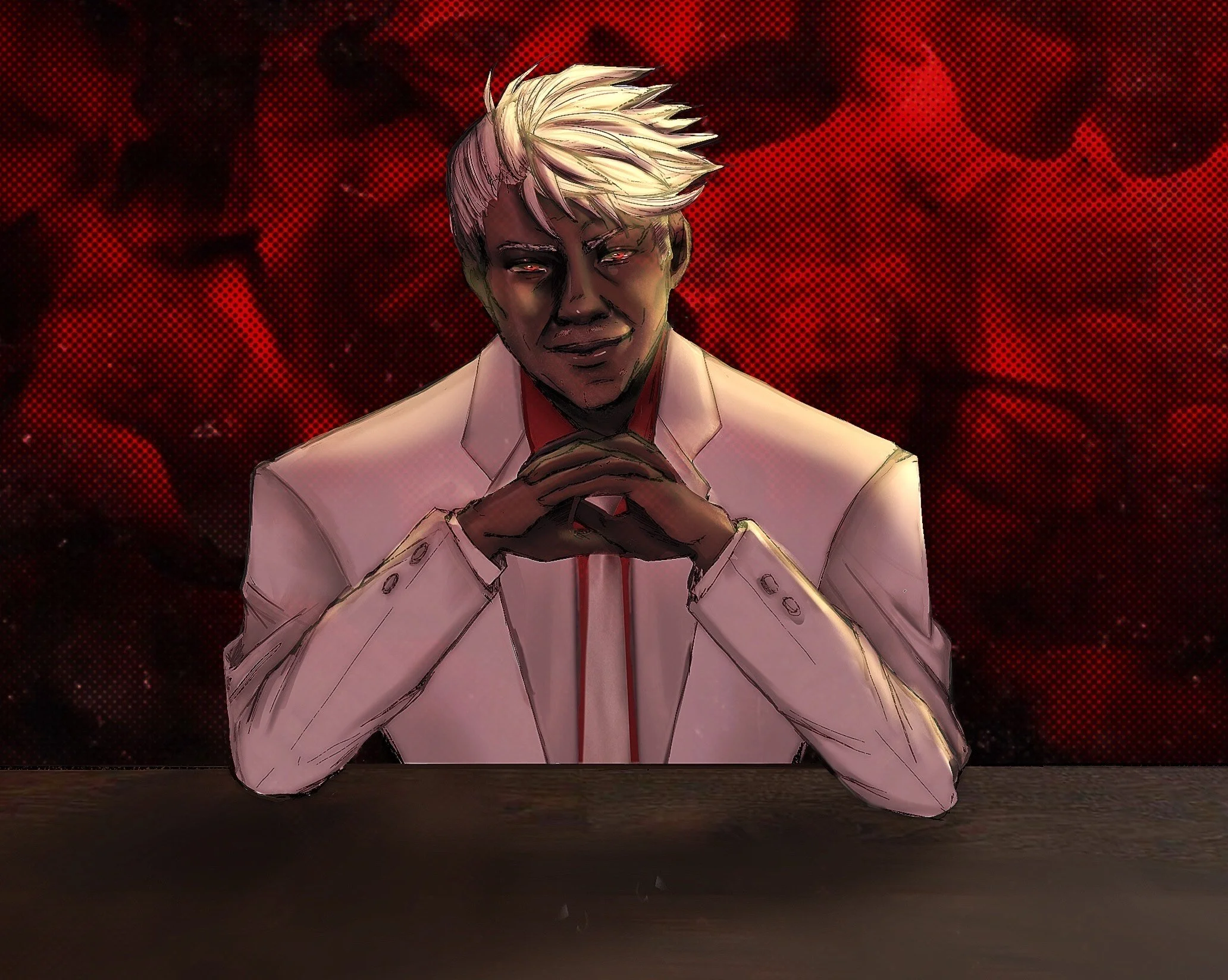 A digital artwork of a man with blond, messy hair, wearing a white suit, holding his hands in front of his face in a contemplative pose. The background is dark red with abstract shapes and patterns.