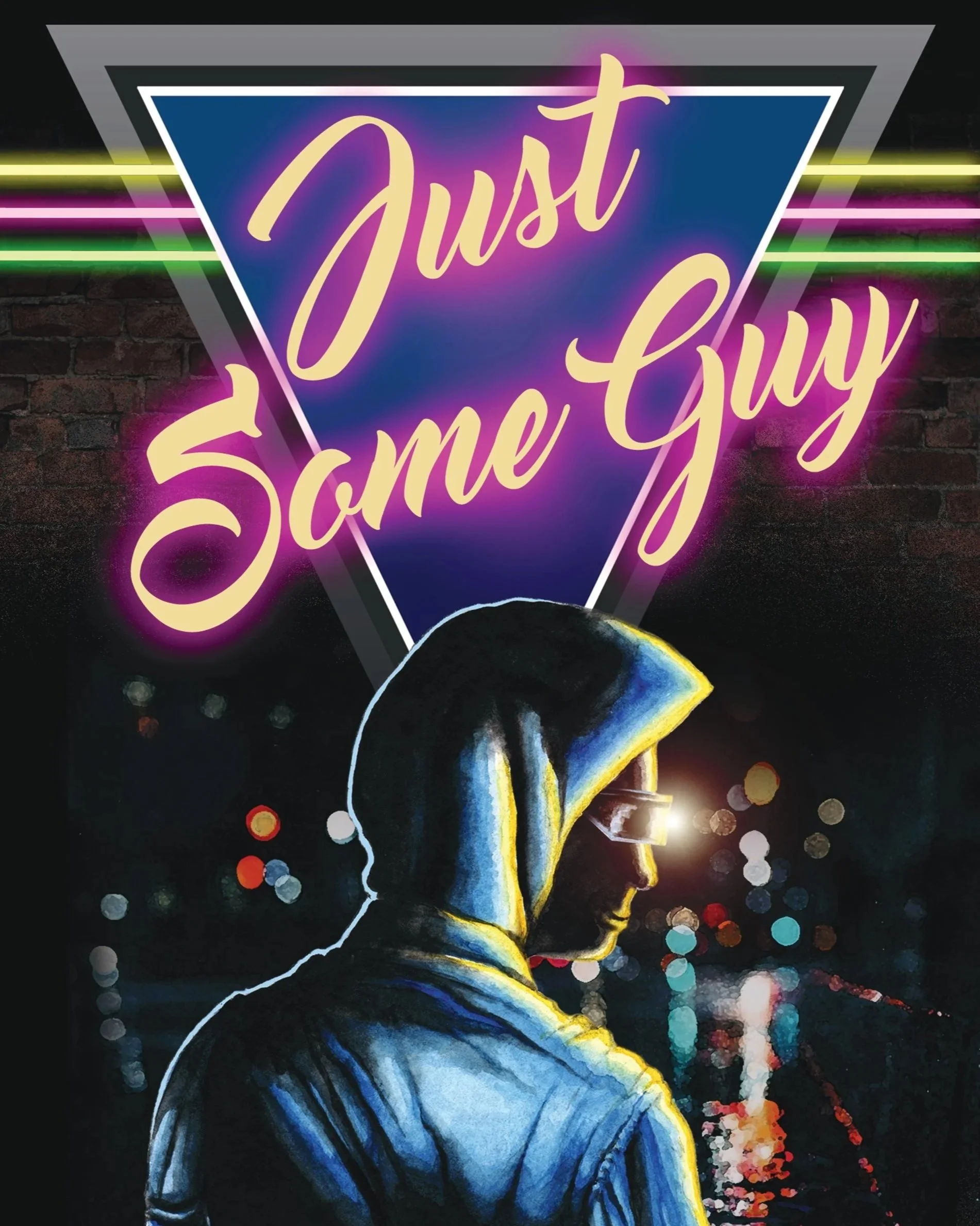 Neon sign that says 'Just Some Guy' with colorful lights, a silhouette of a person's face, and a dark background