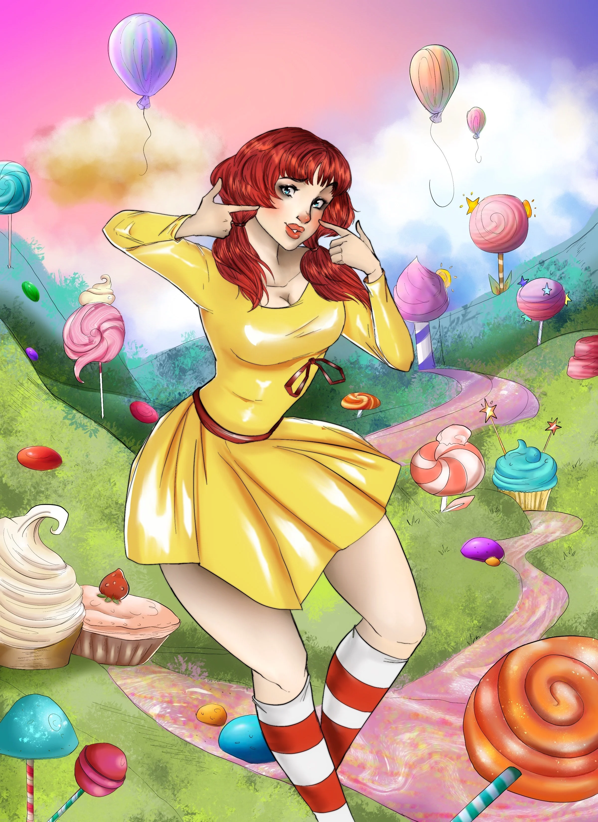 A woman with red hair in a yellow dress is posing in a colorful candy-filled fantasy landscape with lollipops, candy apples, and cupcakes, against a pastel sky.