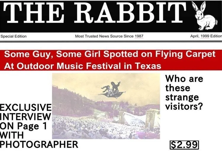 Front page of 'The Rabbit' newspaper, April 1999 edition, with a headline about a guy and girl spotted on flying carpet at outdoor music festival in Texas. Includes a photo of a flying carpet stunt over a crowd and a rabbit illustration in the top right corner.