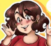 Cartoon girl with brown hair, wearing a red shirt, smiling and waving