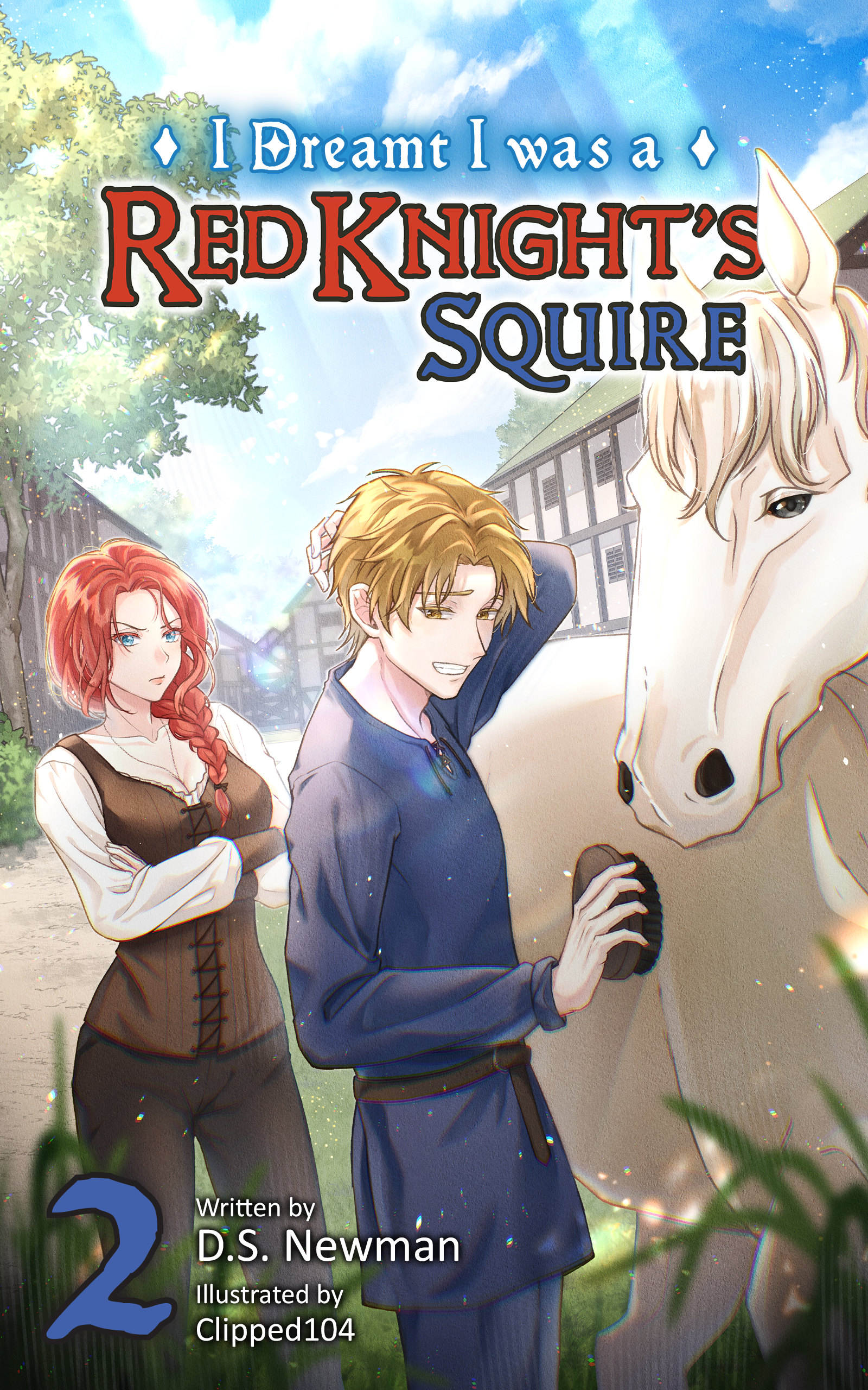 An illustration of a young man brushing a white horse's coat, with a red-haired woman observing, set outdoors with trees and a building in the background, and a rainbow in the sky, titled 'I Dream I was a Redknight's Squire'.