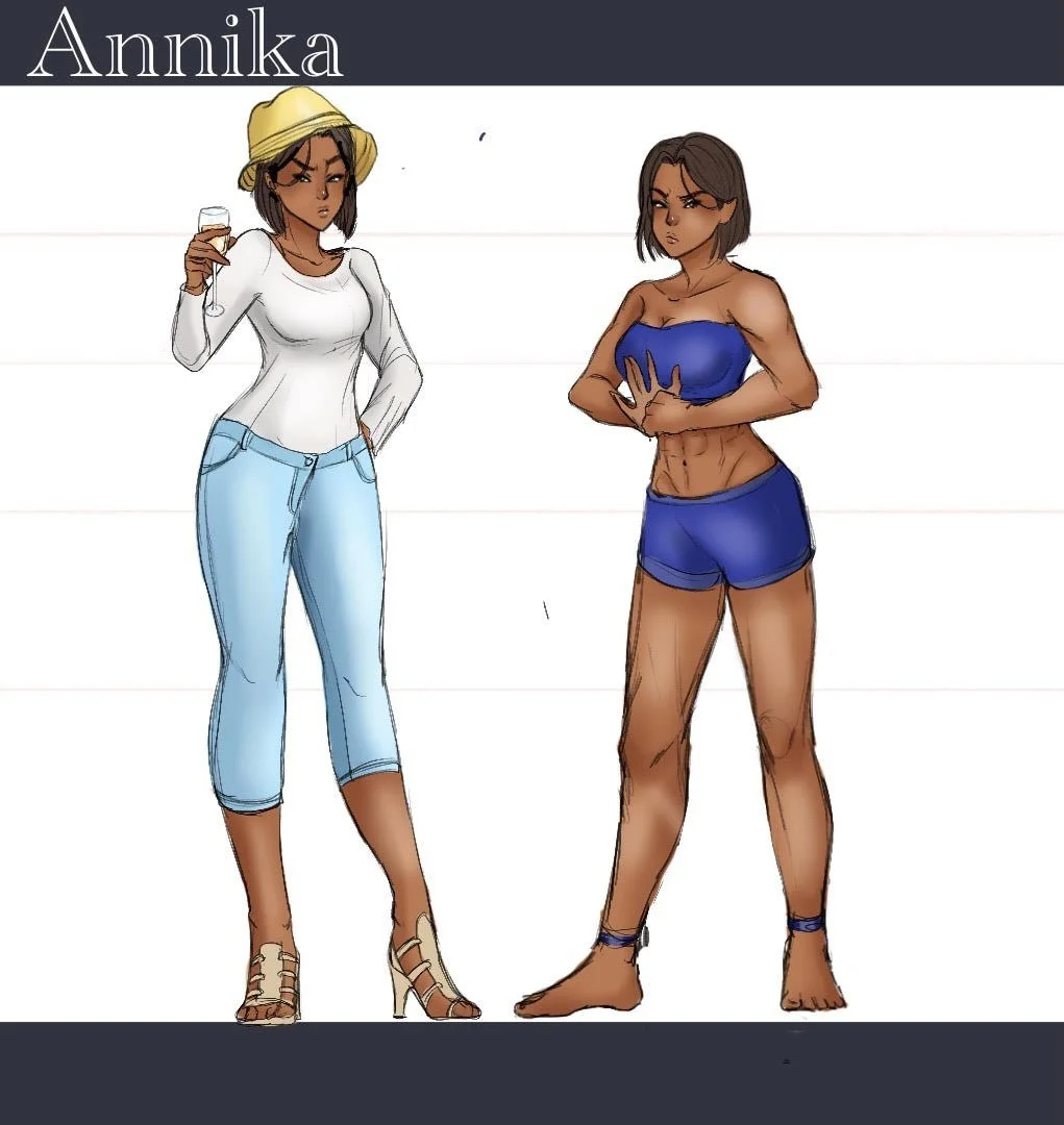 Digital illustration of two women standing side by side against a plain background. The woman on the left has dark skin, is dressed in light blue jeans, a white long-sleeve top, beige high heels, and a yellow hat, holding a glass of wine. The woman o