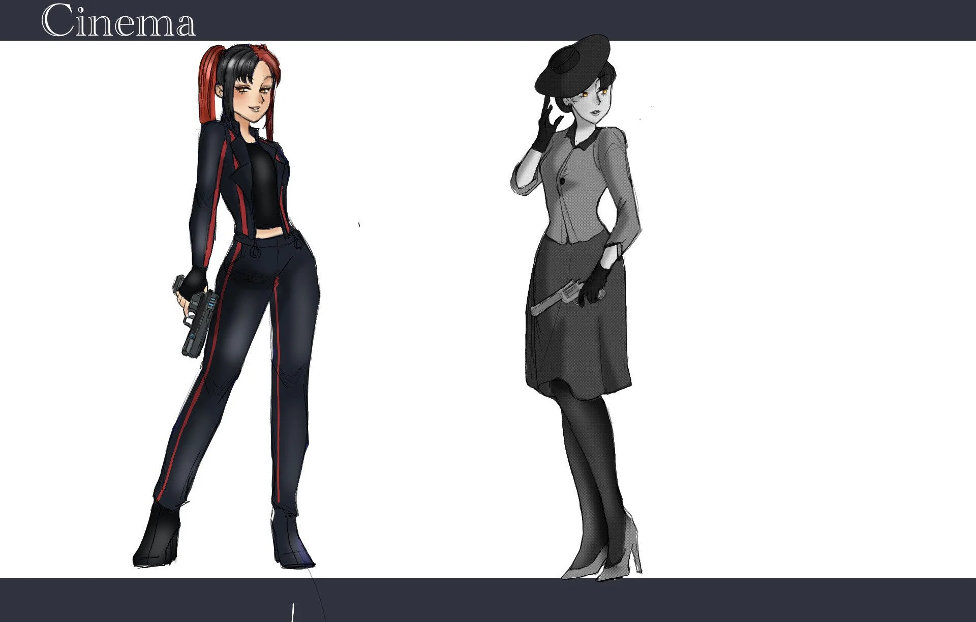 Digital illustration of two women, one dressed as a modern gangster with black and red tracksuit, holding a gun, and another as a vintage gangster in a gray suit, long skirt, and hat, holding a gun