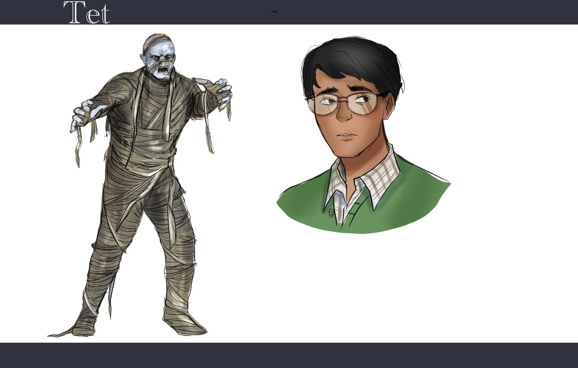 A digital illustration of a zombie in tattered clothing with pale blue skin and sharp teeth on the left, and a realistic drawing of a young man with black hair, glasses, wearing a green sweater and collared shirt on the right, set against a plain bac