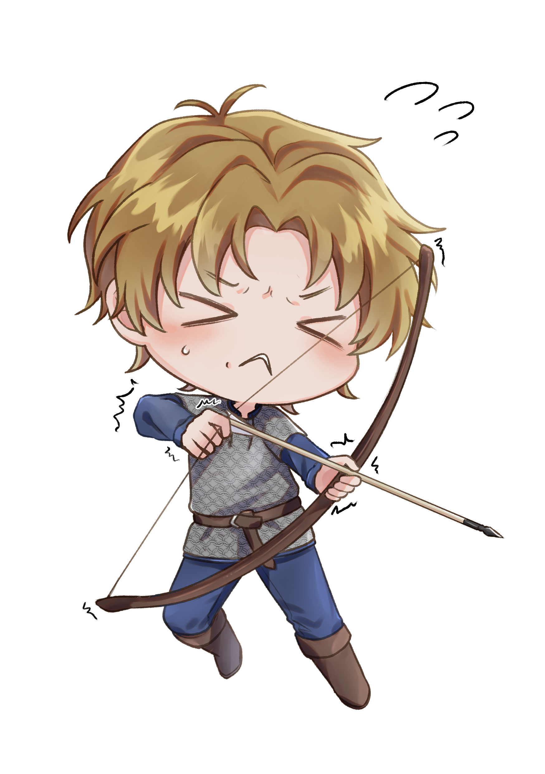 Chibi-style boy with light brown hair, closed eyes, and a pout, holding a bow and arrow, dressed in blue and gray, appearing to be shooting an arrow.