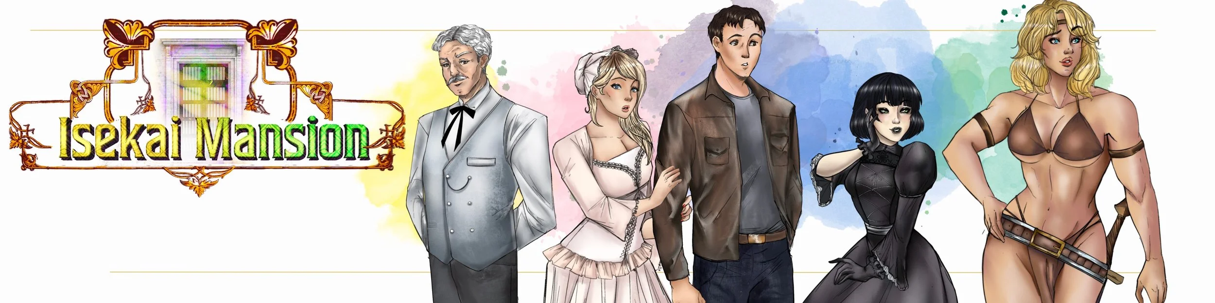 Digital illustration of five characters standing next to each other in front of a colorful background, with the logo 'Isekai Mansion' above them.