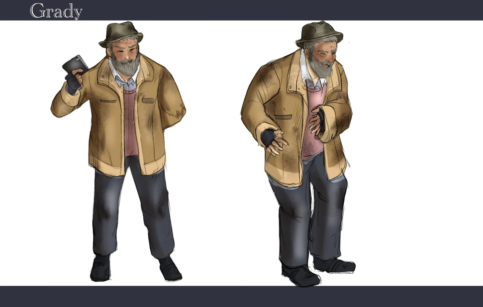 Digital illustration of an elderly man with a beard, wearing a brown coat, pink sweater, light blue shirt, dark pants, and a hat. In left portrait, he is holding a smartphone in his right hand and smiling. In right portrait, he is looking down with a