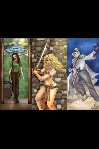 Three women in different settings: one entering a hotel with luggage, one dressed as a warrior holding a sword, and one on a starry night performing magic