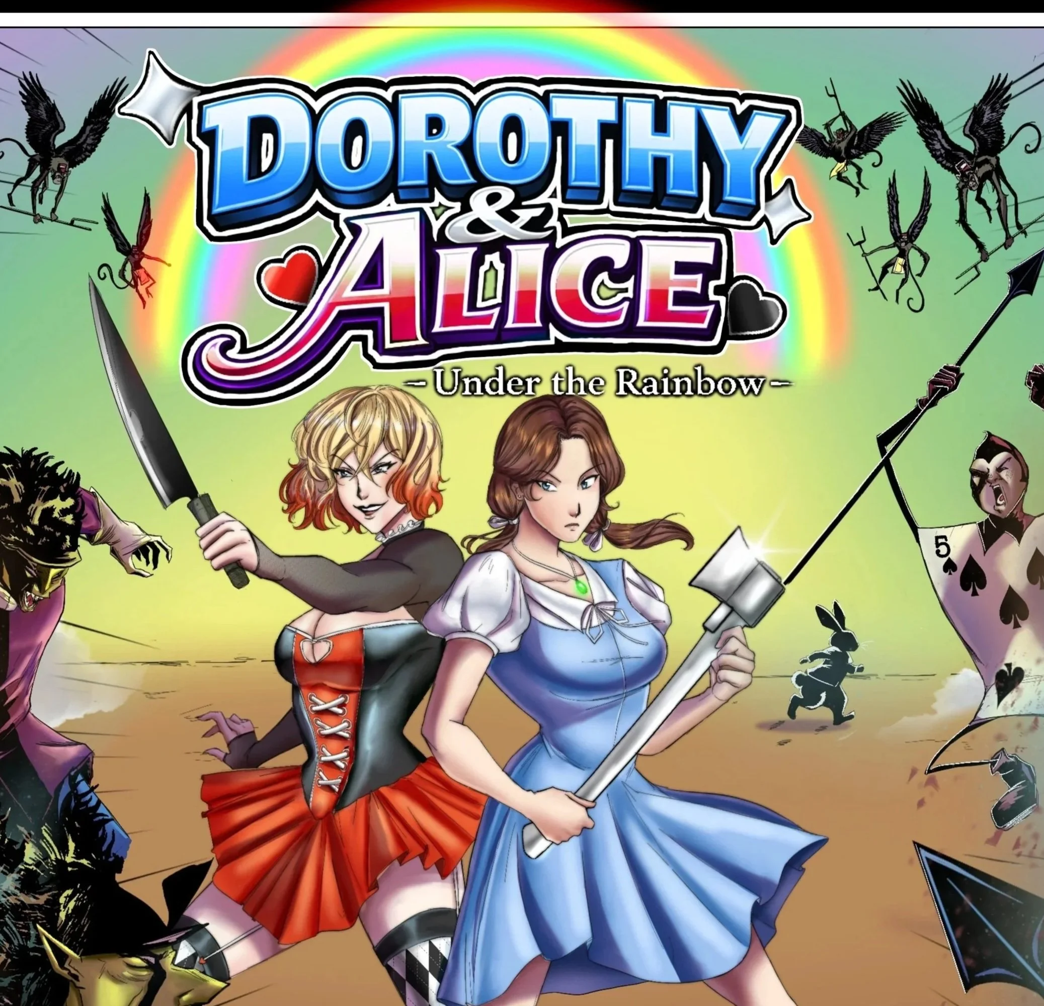 Cover art for DOROTHY & ALICE - Under the Rainbow, featuring two young women in fantasy costumes holding weapons, surrounded by colorful characters and a rainbow background.