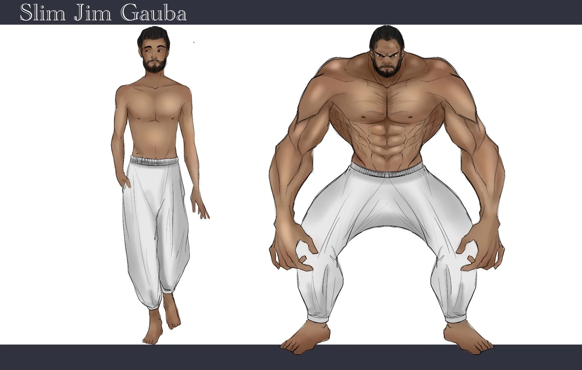 Illustration comparing a slim Jim Gauba with a muscular, larger version of the same person, both wearing white pants.
