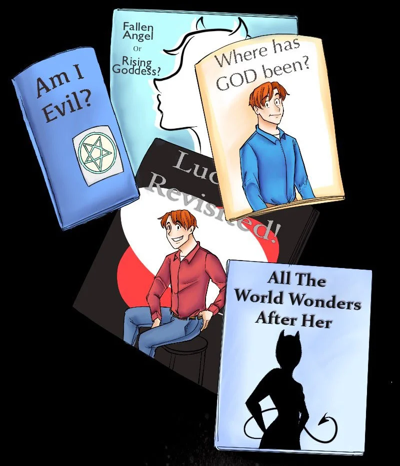 A collection of books with titles questioning morality and divine existence, including one with the question "Am I Evil?", another asking "Where has GOD been?", a book with the title "Lucifer Revisited", and another titled "All The World Wonders After Her". There are two characters: a man sitting and smiling, and another man with a thoughtful expression. The background is black with a red and white circle in the center.