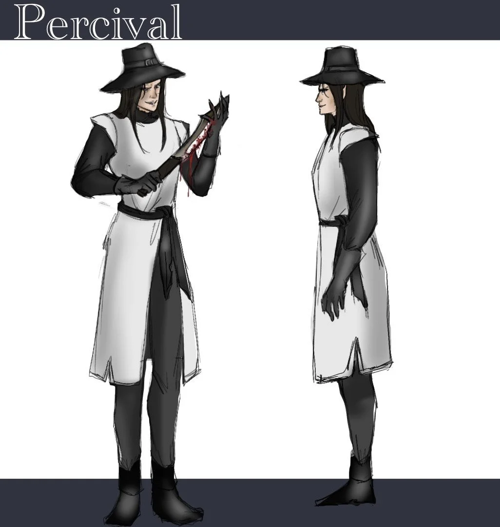 A character concept illustration of a woman in a black and white witch costume, wearing a wide-brimmed black hat, long black gloves, and boots. She is shown holding a bloody dagger in one hand, with a serious expression, and in profile view.