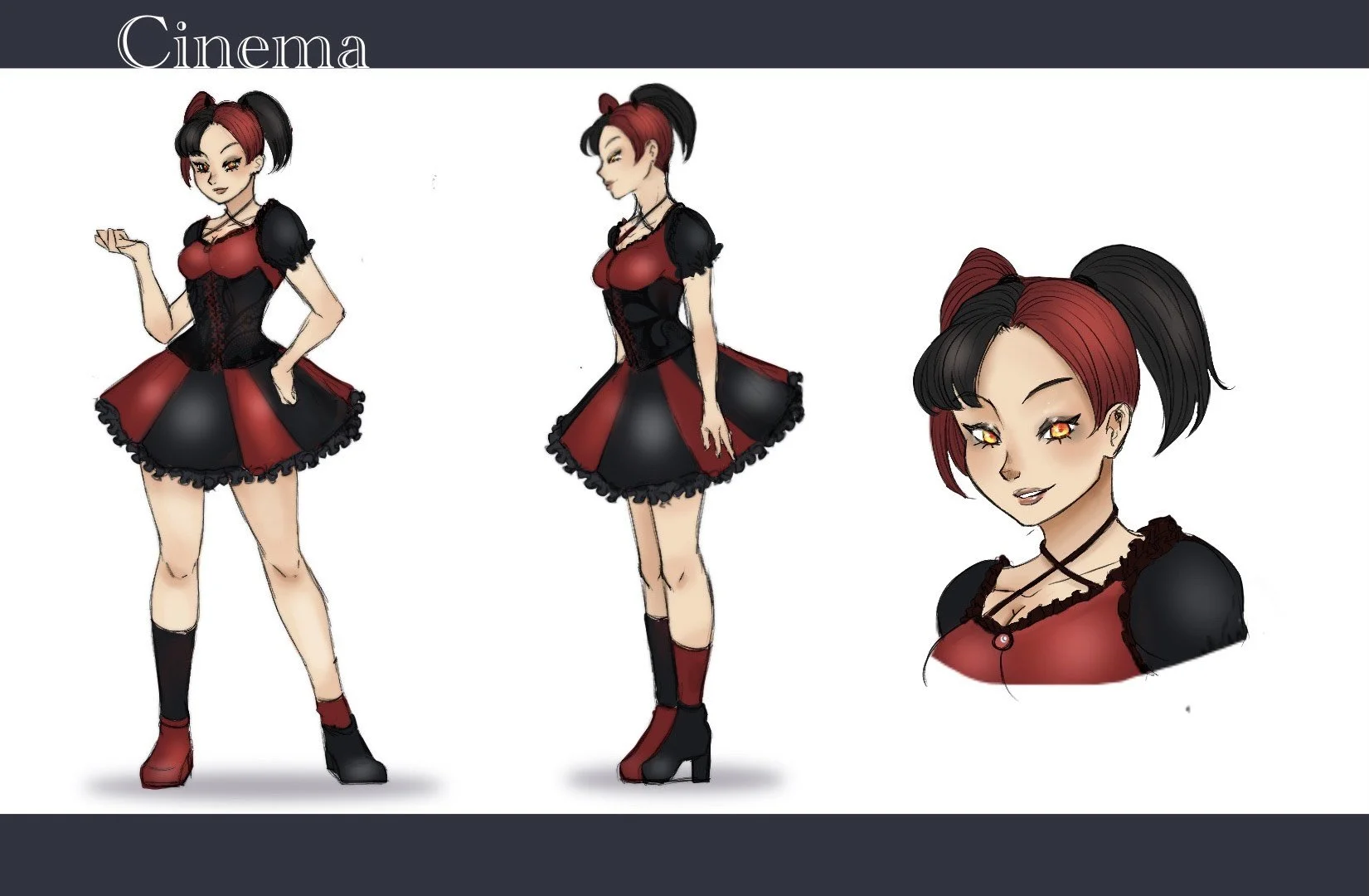 Character concept art of a young woman in a black and red gothic dress with puffy sleeves, corset-style bodice, and a short, ruffled skirt. She has black and red twin-tailed hair, yellow eyes, and a confident expression. The image shows front, side, 