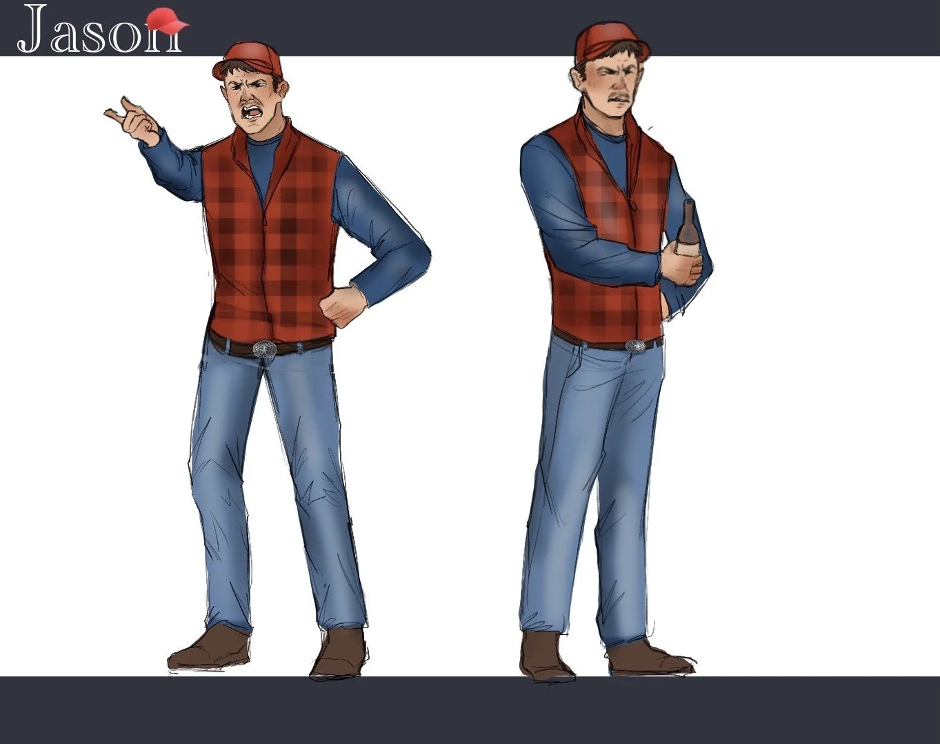 Illustration of a young man named Jason in two different poses. In the first pose, he is making a gesture with his right hand and has an angry expression. In the second pose, he is holding a drink and has a neutral expression, both wearing a red chec