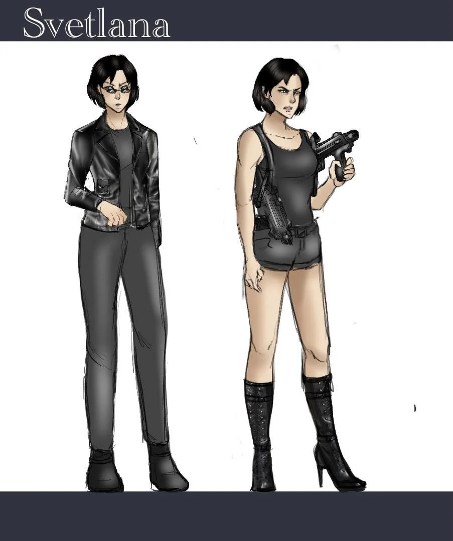 Two female animated characters with short black hair, dressed in black outfits, one in a leather jacket and pants, the other in a tank top, shorts, and knee-high boots, each holding a gun.