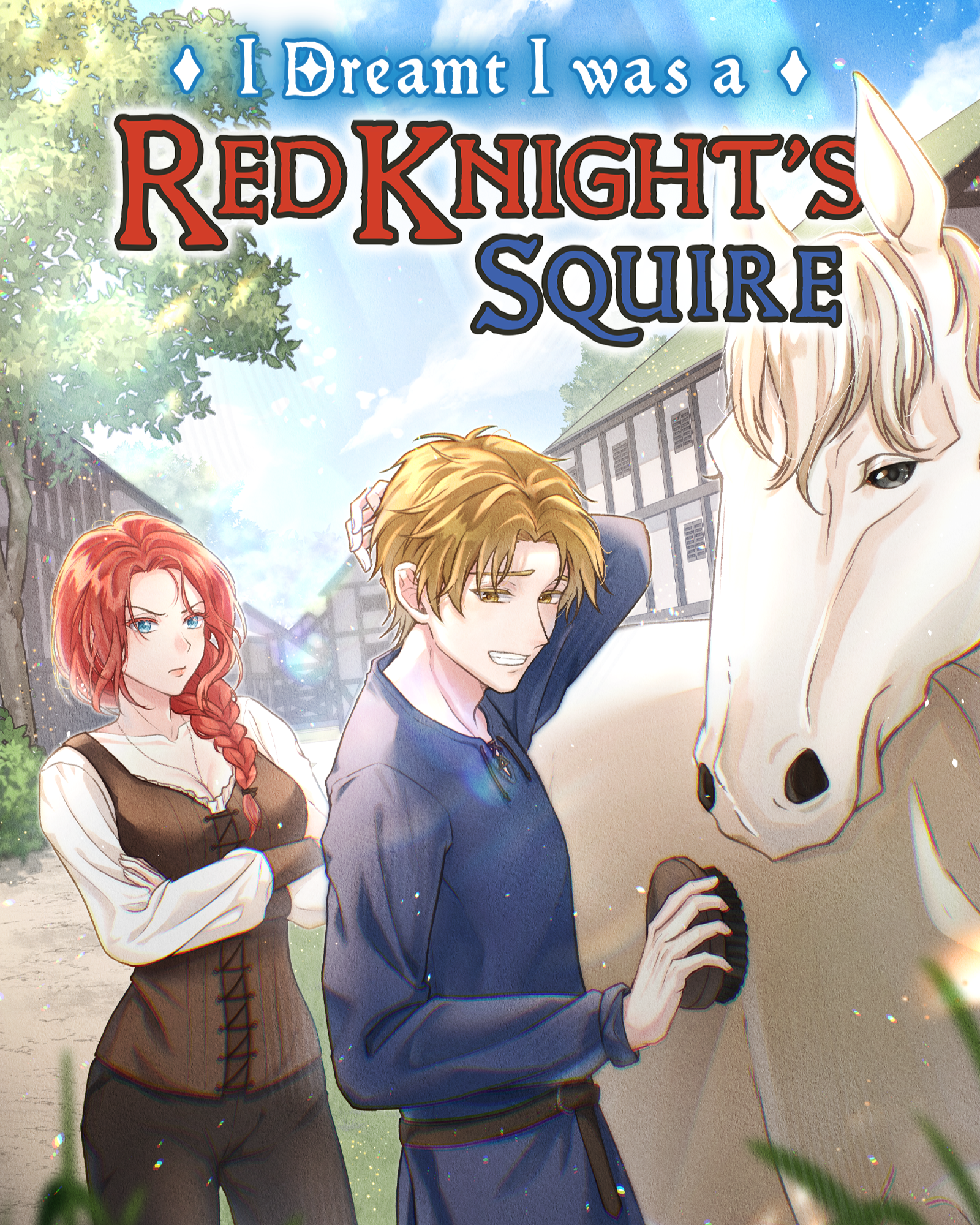 Anime-style illustration of three characters, a girl with red hair, a boy with brown hair, and a white horse, with a background of trees and a building, and the text 'I Dream I was a Redknight's Squire' at the top.