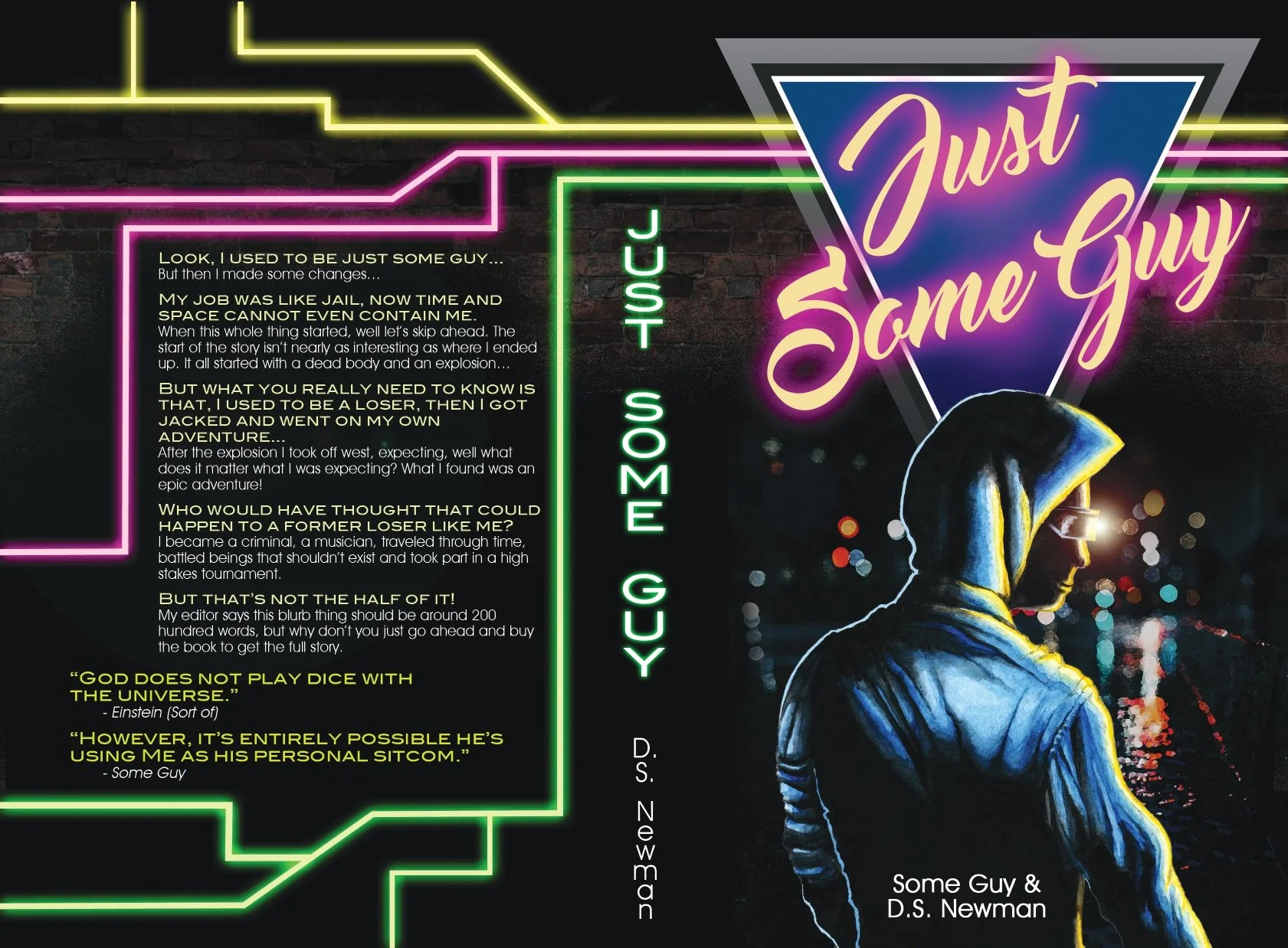 Neon-lit book cover titled 'Just Some Guy' by Some Guy & D.S. Newman, featuring a person in a hoodie sitting by city lights at night.