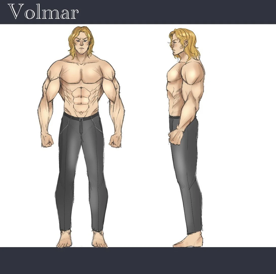 A digital illustration of a muscular man with long blond hair, shown from front and side angles, wearing black pants, with defined abs and large arms. The word "Volmar" appears at the top.