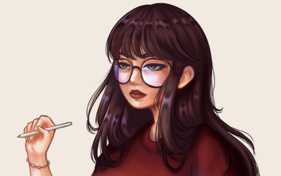 Digital illustration of a woman with long dark hair, wearing glasses, dark lipstick, and a maroon top, holding a pen.