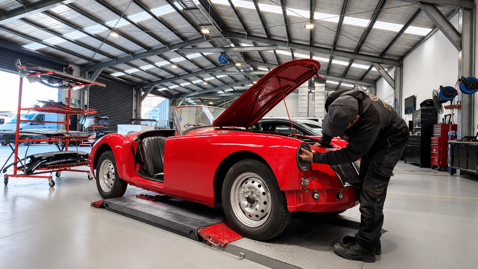 Technician working on a classic red car inside Rosiez Rolleston