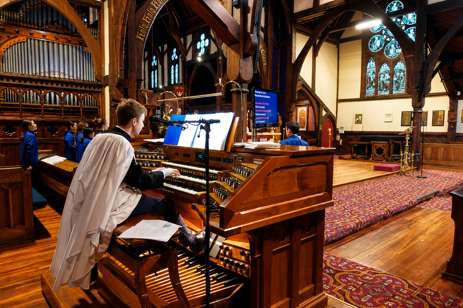 Documentary photograph of the organ being played inside St Michael’s church